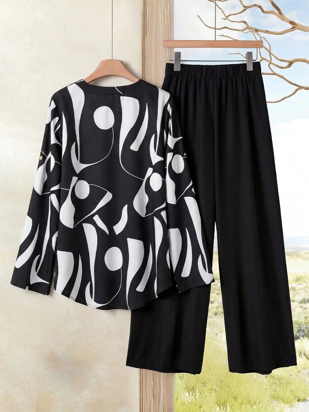 2pcs Women Contrast Color Print Shirt And Pants Set Old Money Style Business Casual Woman Blouse Sets For Ladies Two Piece
