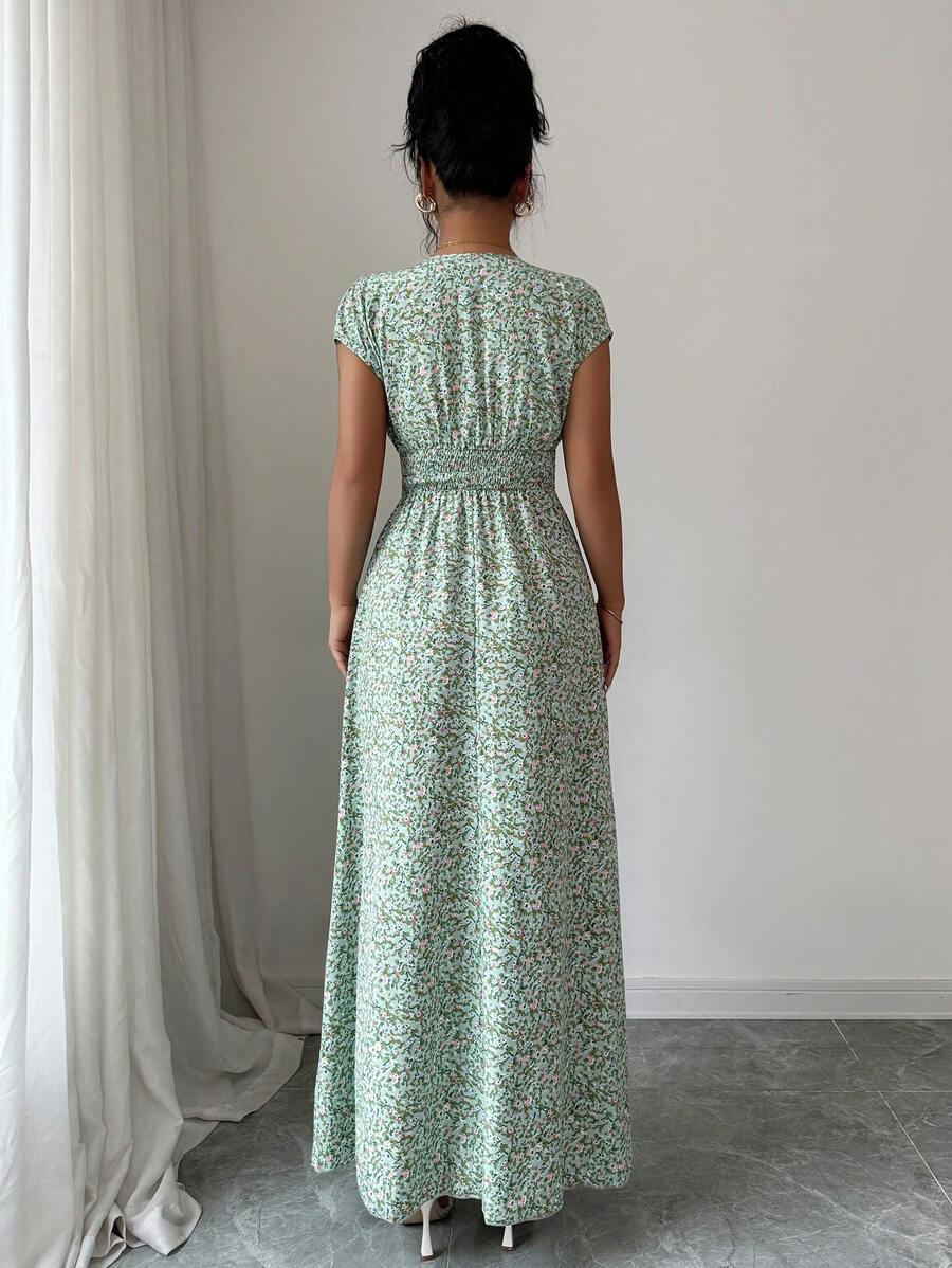 Elenzga Women V-Neck Allover Print Casual Long Dress