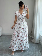 Elenzga Women V-Neck Allover Print Casual Long Dress