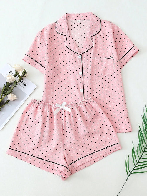 2pcs/Set Women's Mini Polka Dot Printed Pajama Set With Contrast Trim Button-Down Shirt And Bowknot Shorts, Perfect For Home Wear In Summer White Set,Two Pieces Set