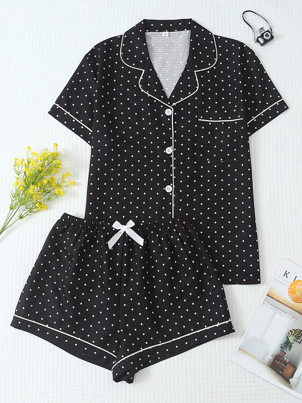 2pcs/Set Women's Mini Polka Dot Printed Pajama Set With Contrast Trim Button-Down Shirt And Bowknot Shorts, Perfect For Home Wear In Summer White Set,Two Pieces Set