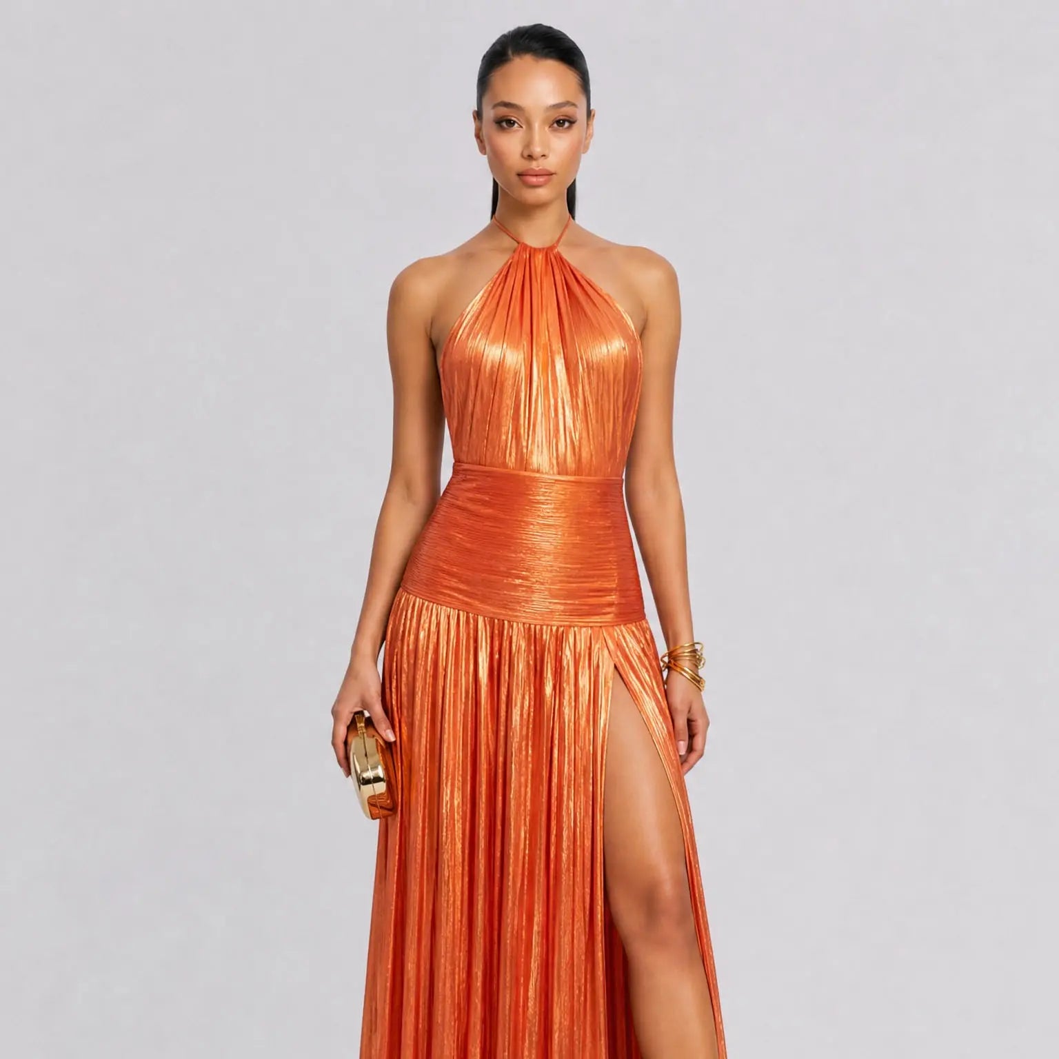 LikeMyChoice 2026 Metallic Olive Gold Maxi Dress for Formal Events