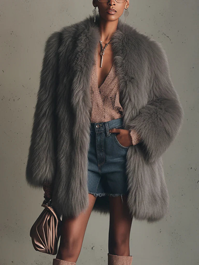 Gray Faux Fox Fur Eco Friendly Long Sleeve Jacket