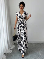 Elenzga Women V-Neck Allover Print Casual Long Dress