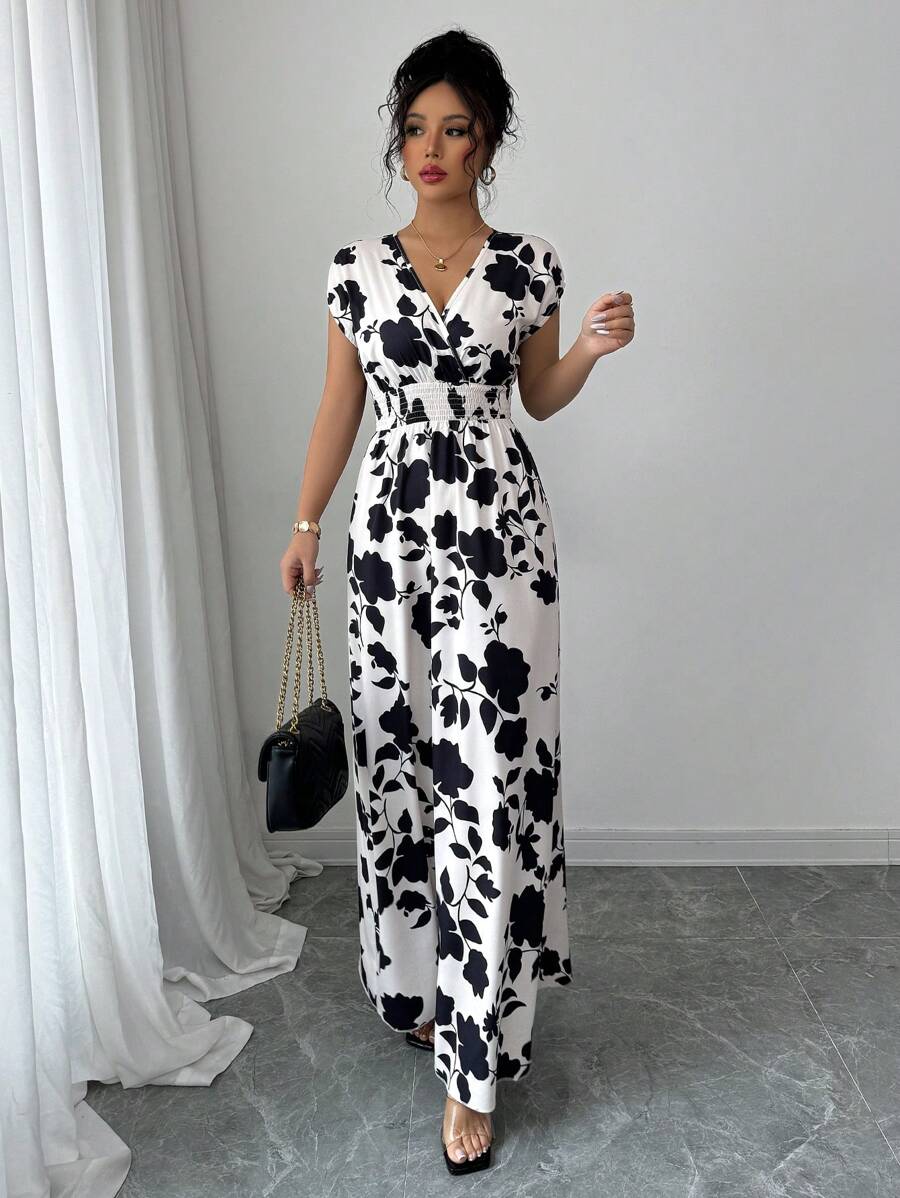Elenzga Women V-Neck Allover Print Casual Long Dress