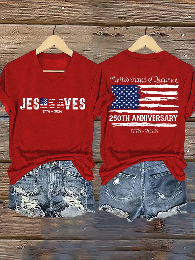 V-Neck Retro Jesus Saves America 250th Anniversary 1776-2026 Print T-Shirt