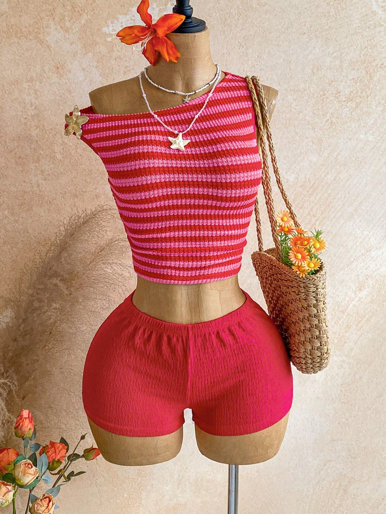Soleia Women's 2 Pieces Set Brown Striped Summer Boho Beach Vacation Holiday Holiday Asymmetrical Shoulder Fuzzy Textured Knit Backless Floral Cheetah Print