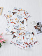 Women's Owl Print Short Sleeve Top & Elastic Waist Shorts Pyjama