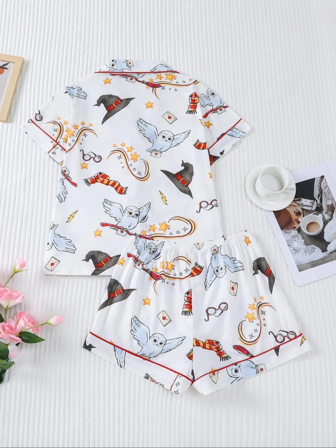 Women's Owl Print Short Sleeve Top & Elastic Waist Shorts Pyjama
