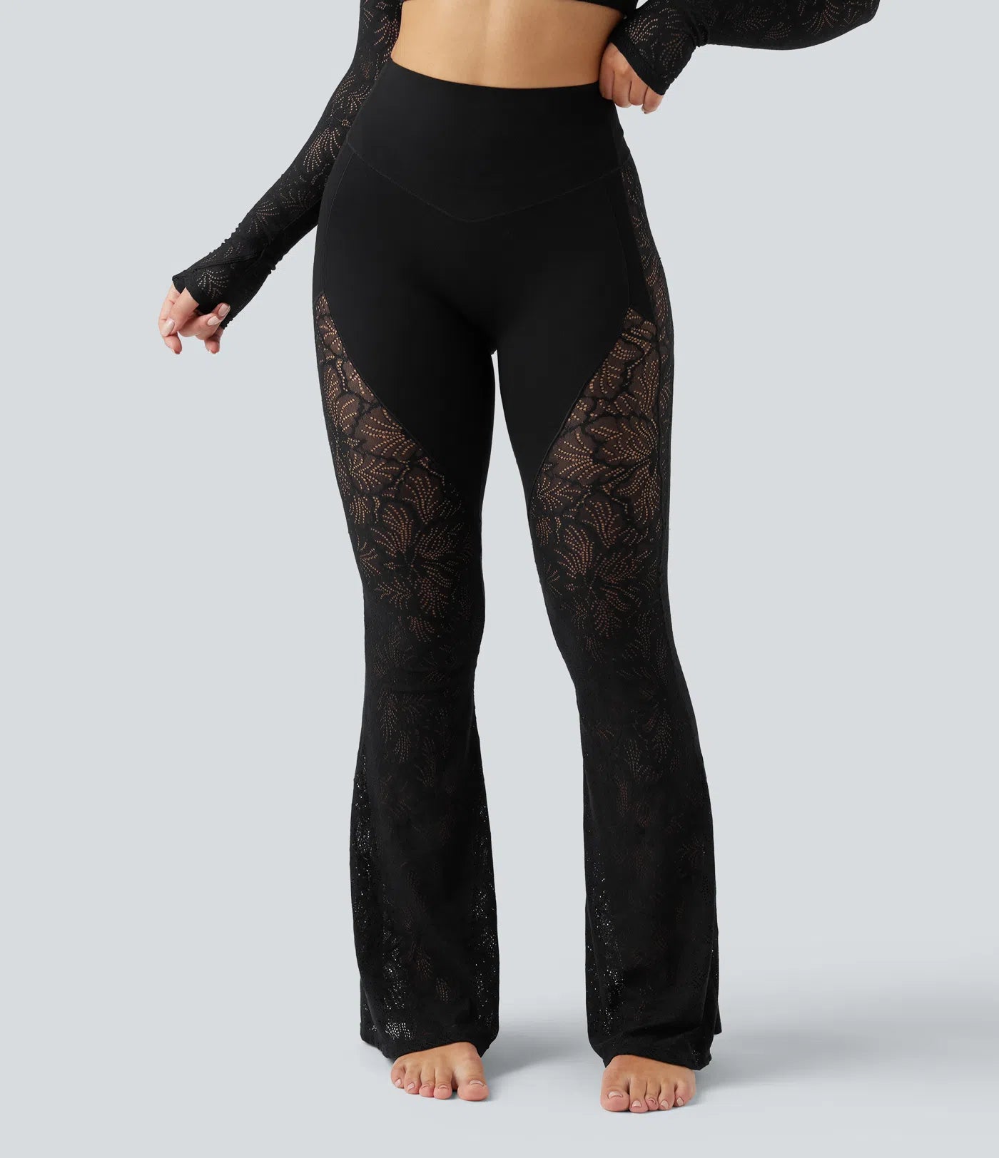UltraSculptTM High Waisted Tummy Control Contrast Lace Yoga Flare Leggings with Pocket