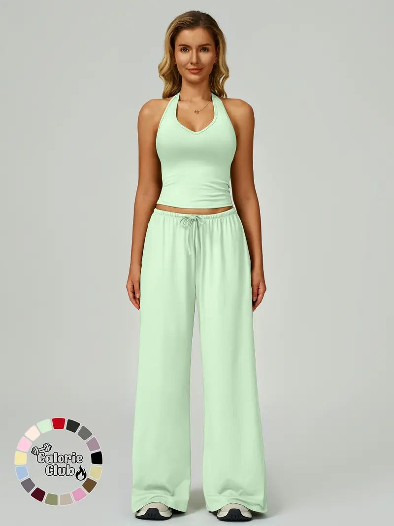 Women's Solid Crop Tank Top & Wide Leg Pants Set