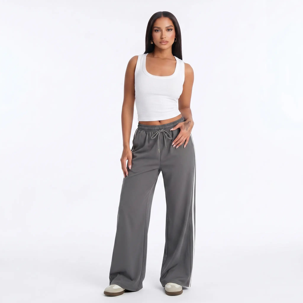 Women's Casual High Waist Striped Wide Leg Trousers, Sporty Drawstring Waist Side Pocket Outfit, Minimalist Versatile Women's Bottom