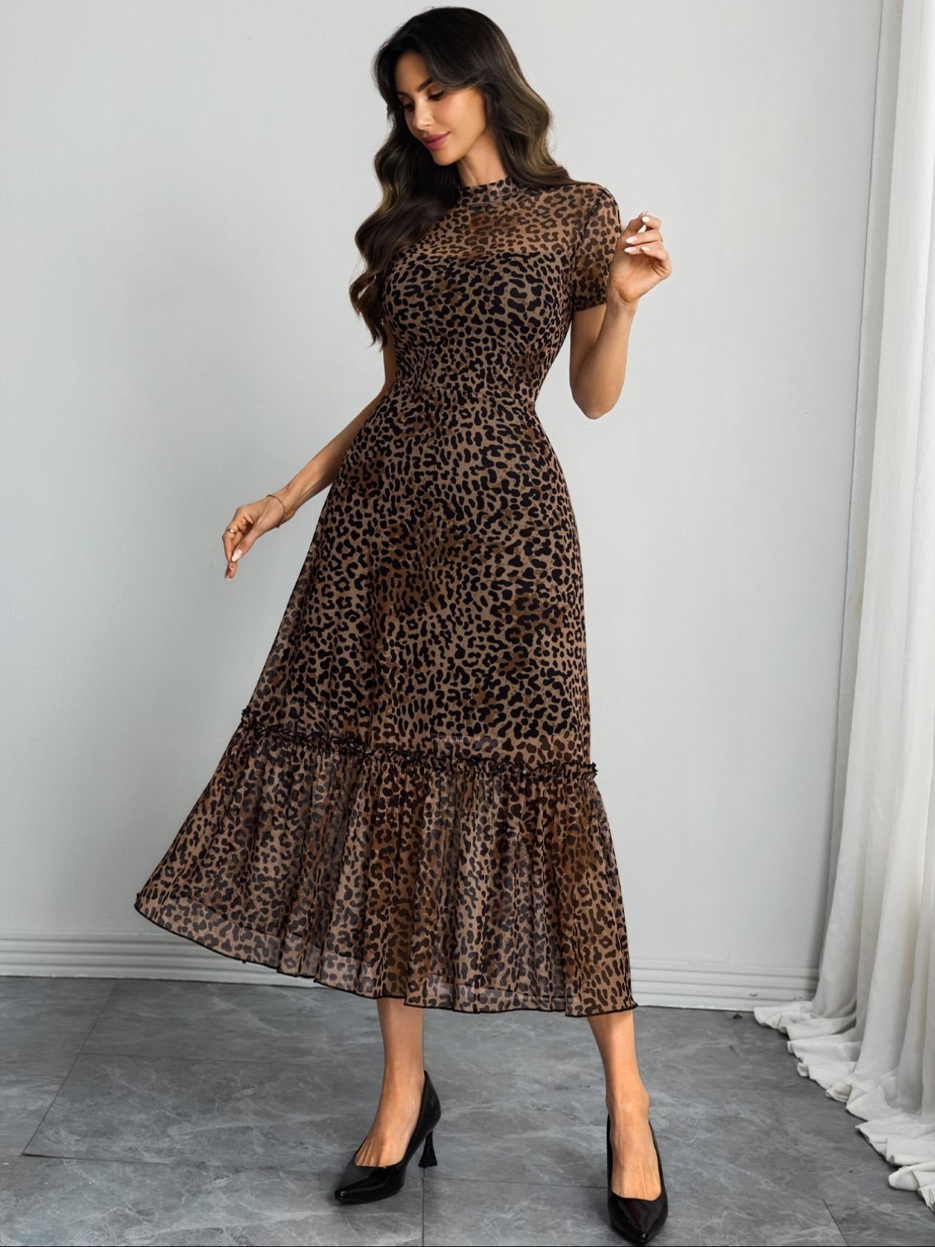 Women's Sexy Leopard Print Elegant Round Neck Mesh Skirt Dress, Stylish Casual Fashion, Perfect for Parties and Daily Wear
