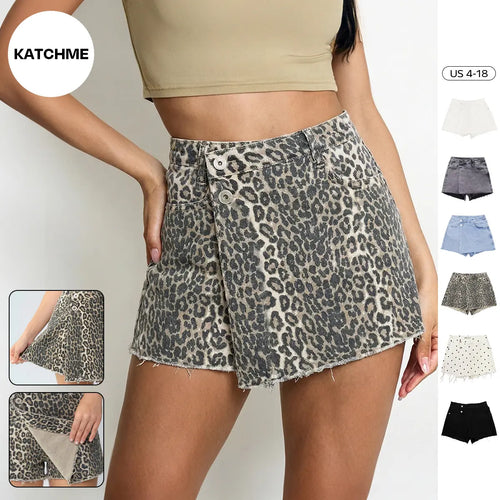 KatchMe Women's Casual Layered High Waist Raw Hemline Durable Denim Skorts, Street Style Jeans, Lightweight Wrinkle-Resistant Bottom, Figure Flattering Stretchy Womenswear, Summer Shorts