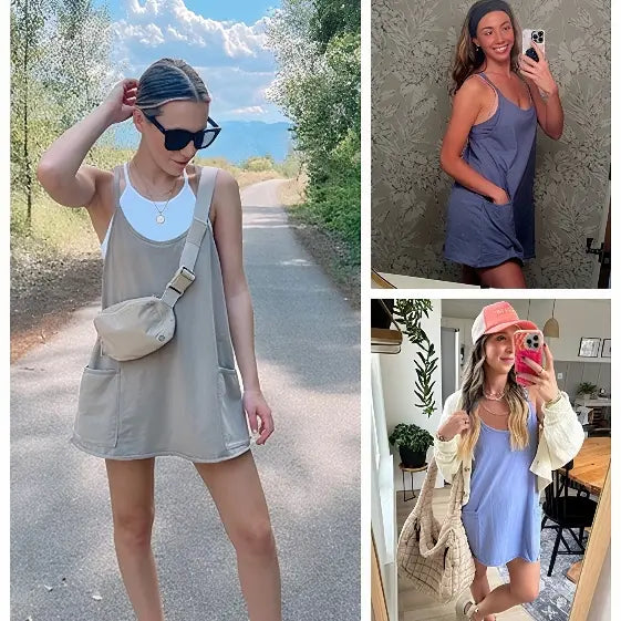 Women's Summer Sleeveless Mini Dress V Neck Spaghetti Straps Athletic Built-in Shorts Sundress SummerVibes