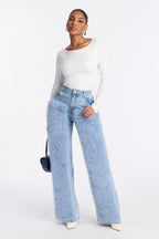 Finland Faux Fur Trim Jeans - Light Blue Wash