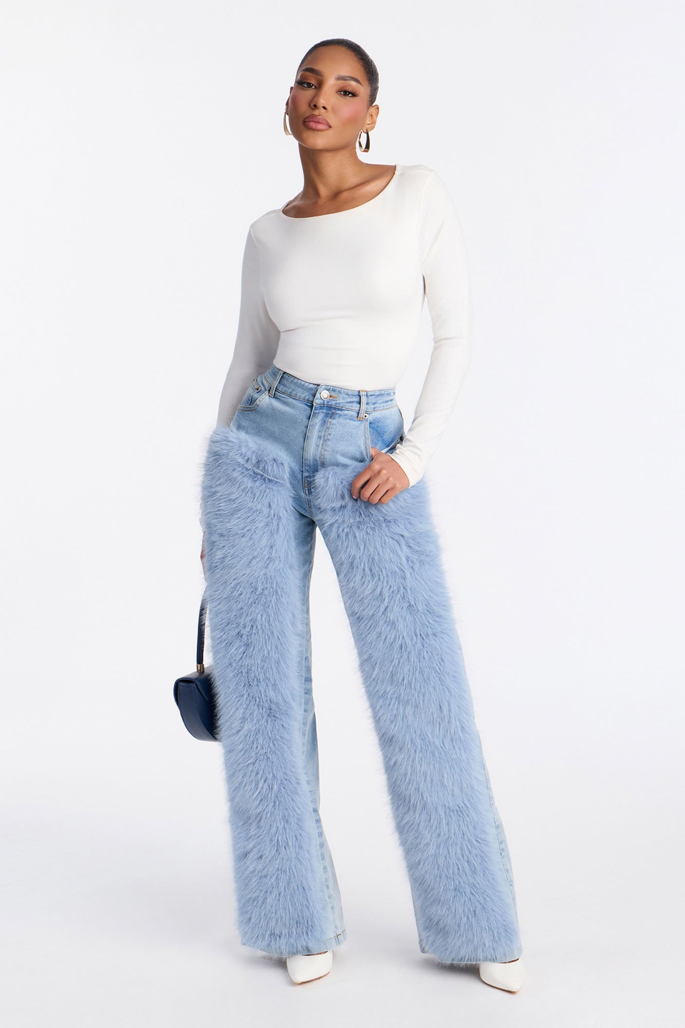 Finland Faux Fur Trim Jeans - Light Blue Wash