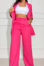 Solid Color Long Sleeve Blazer Wide Leg Pants Matching Set-Pink