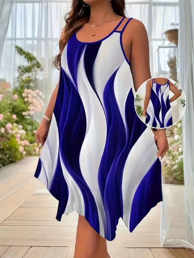 Women's Elegant Asymmetric Hem Double Strap Dress, Round Neck, Random Print Design, Summer Casual Party Wear, Fitted Style, Chic
