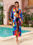 Plus Size Peacock & Floral Print Belted Wrap Kimono Cardigan, Casual Chic Style Split Hem Kimono Cardigan Sleeves, Women's Summer Swimwear for Beach Holiday Vacation