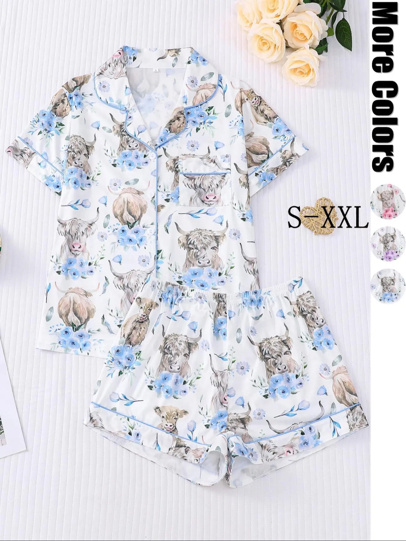 Women's All-Over Cow-Print Contrast-Trim Shirt & Elastic-Waist Shorts Pajama Loungewear Set