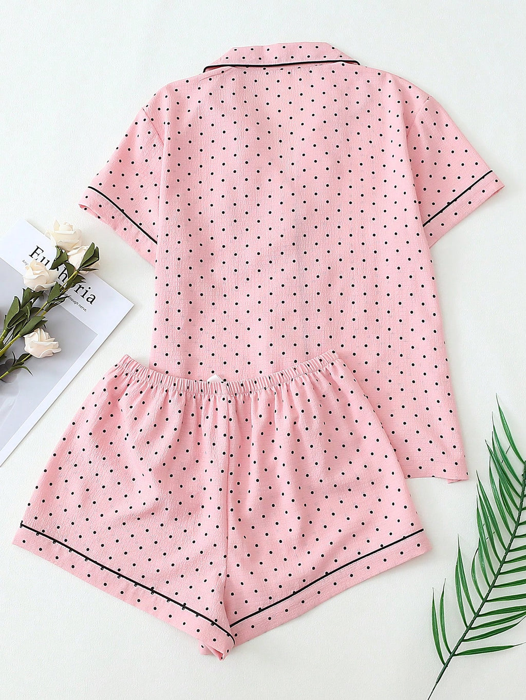 2pcs/Set Women's Mini Polka Dot Printed Pajama Set With Contrast Trim Button-Down Shirt And Bowknot Shorts, Perfect For Home Wear In Summer White Set,Two Pieces Set