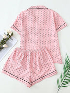 2pcs/Set Women's Mini Polka Dot Printed Pajama Set With Contrast Trim Button-Down Shirt And Bowknot Shorts, Perfect For Home Wear In Summer White Set,Two Pieces Set