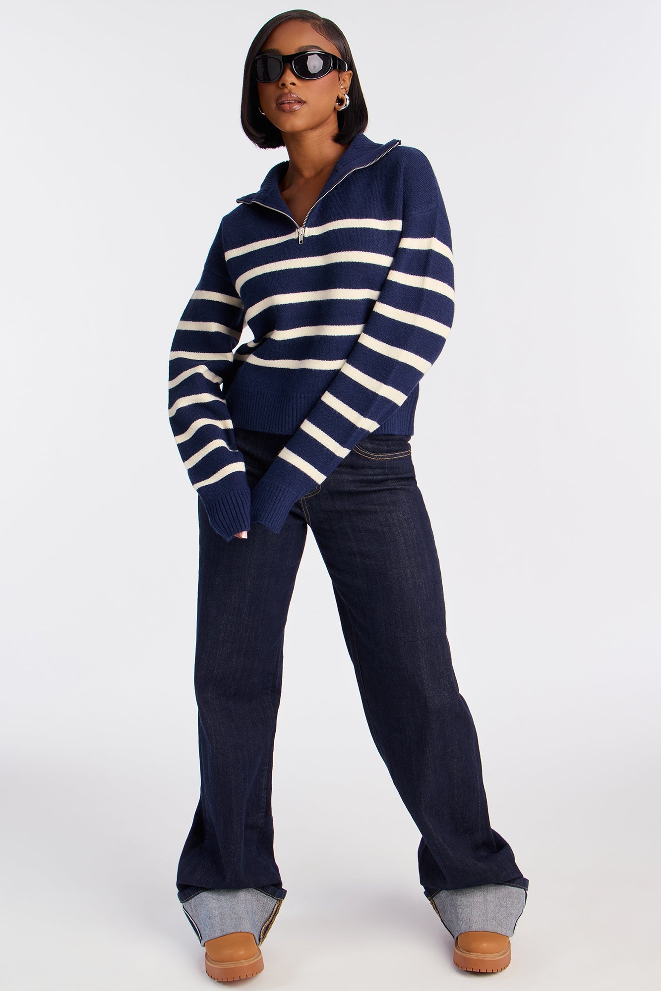 Stripes And Lines Quarter Zip Sweater - Navy/combo