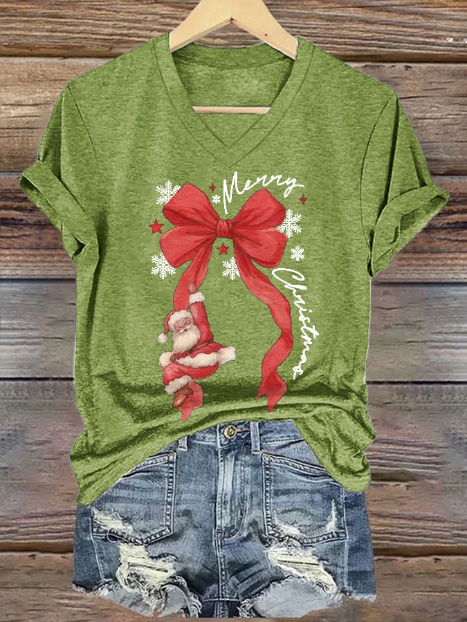 V-Neck Retro Merry Christmas Bow Santa Claus Snowflakes Print T-Shirt