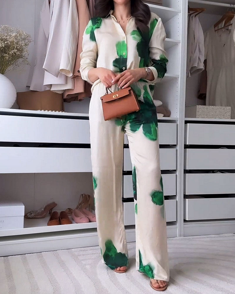Fashion Printed Lapel Shirt & Pants Two-Piece Set