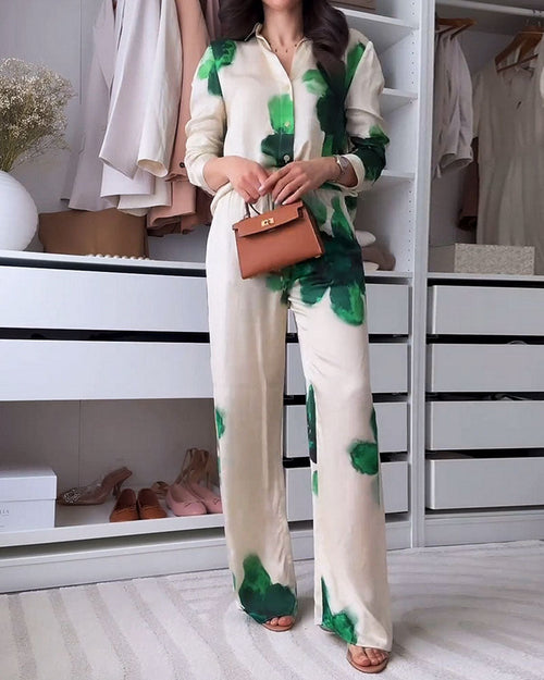 Fashion Printed Lapel Shirt & Pants Two-Piece Set