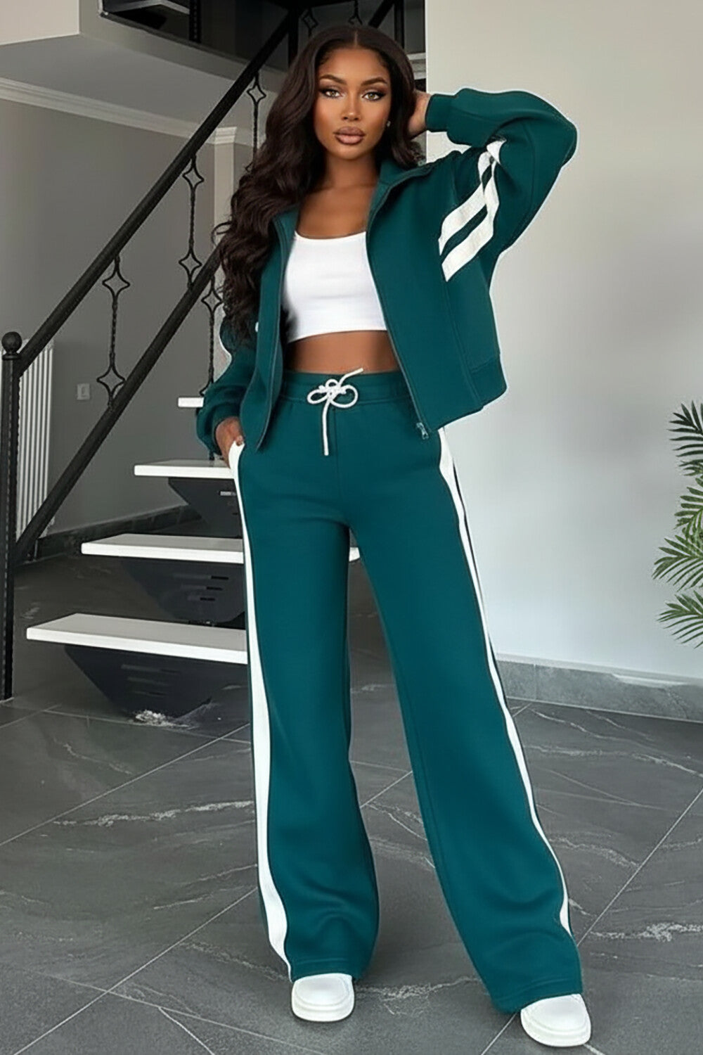 Long Sleeve Track Jacket Colorblock Striped Pants 2pcs Set-Teal [Pre Order]