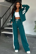 Long Sleeve Track Jacket Colorblock Striped Pants 2pcs Set-Teal [Pre Order]