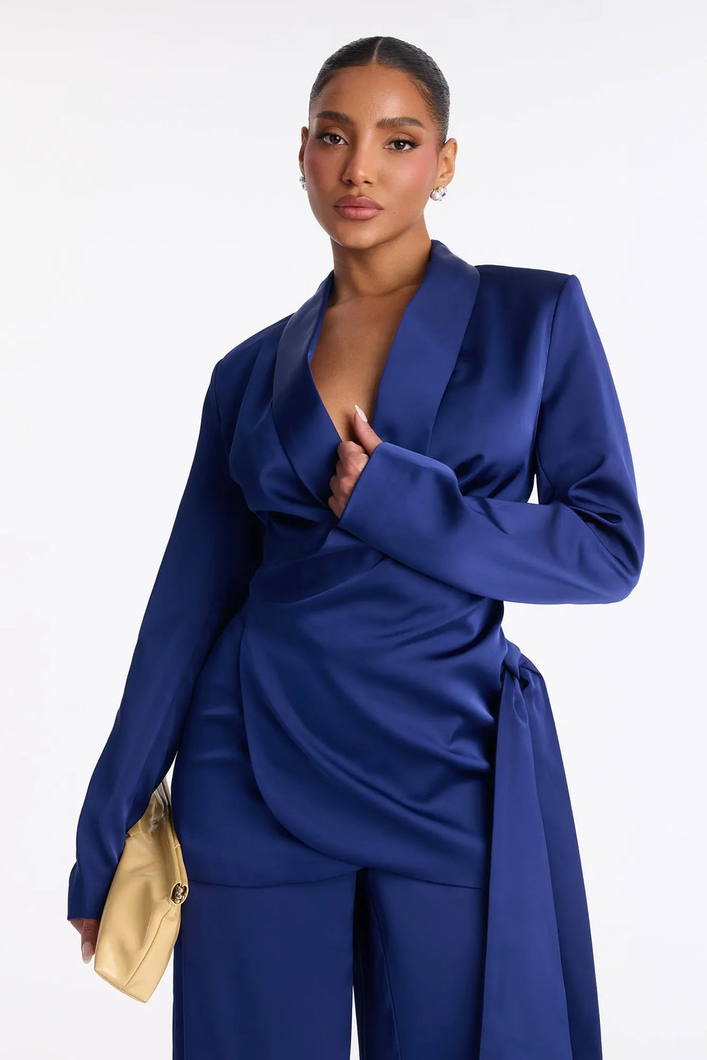 Wrap It Up Satin Blazer Pant Set - Navy