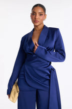 Wrap It Up Satin Blazer Pant Set - Navy