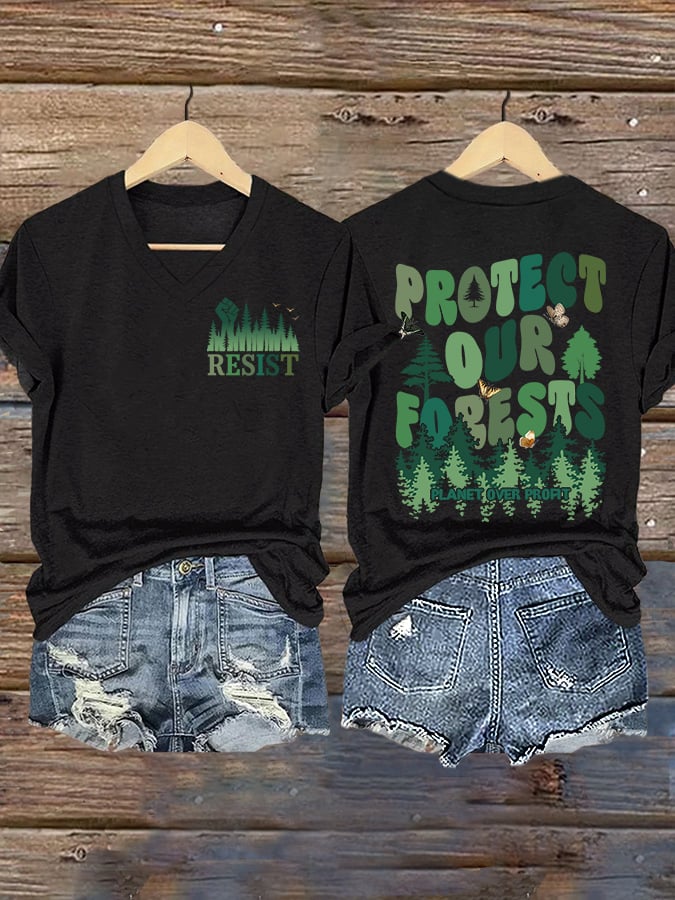 V-Neck Retro Resist Protect Our Forests Planet Over Profit Print T-Shirt