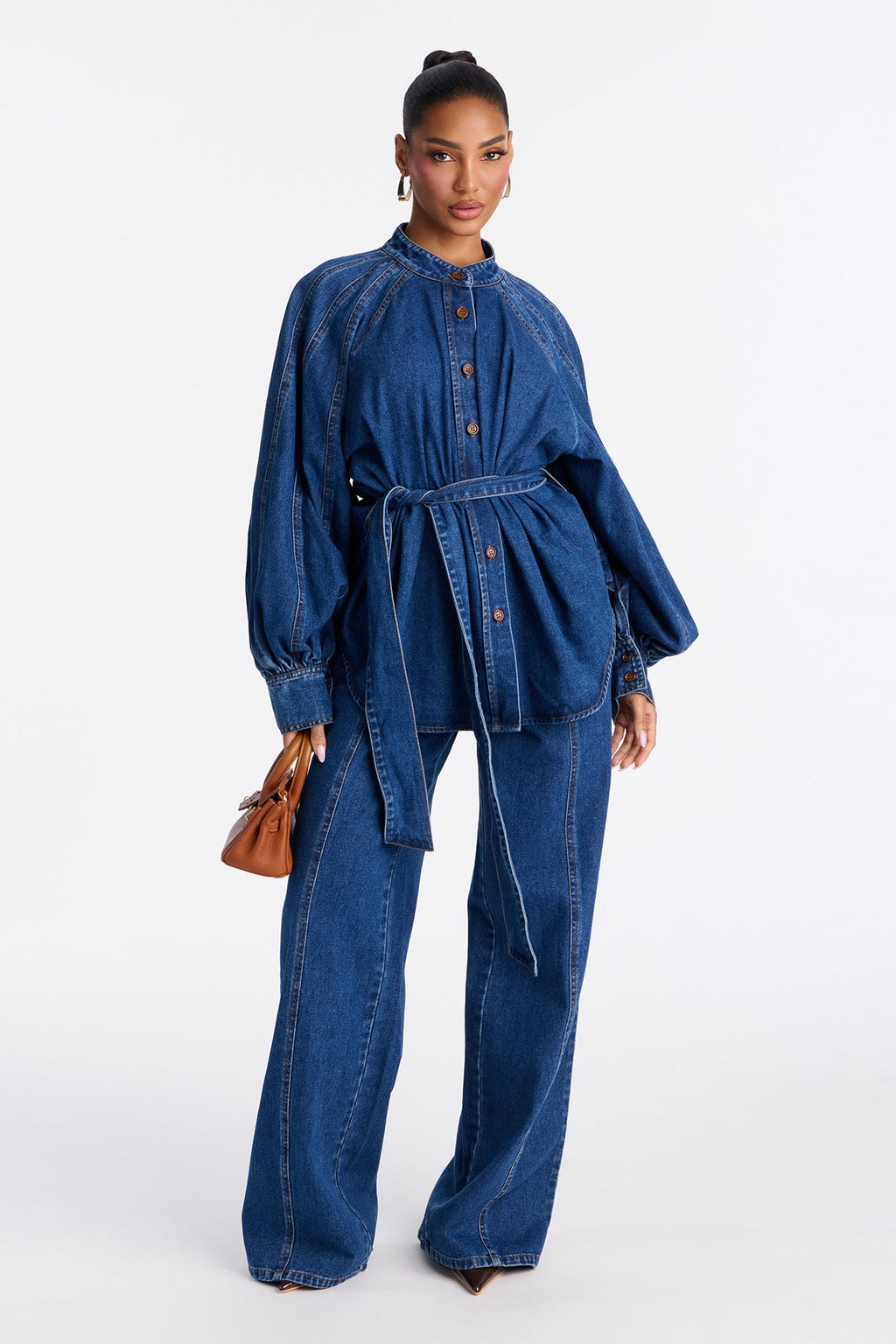 Gemma Tie Waist Denim Pant Set - Dark Wash