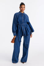 Gemma Tie Waist Denim Pant Set - Dark Wash