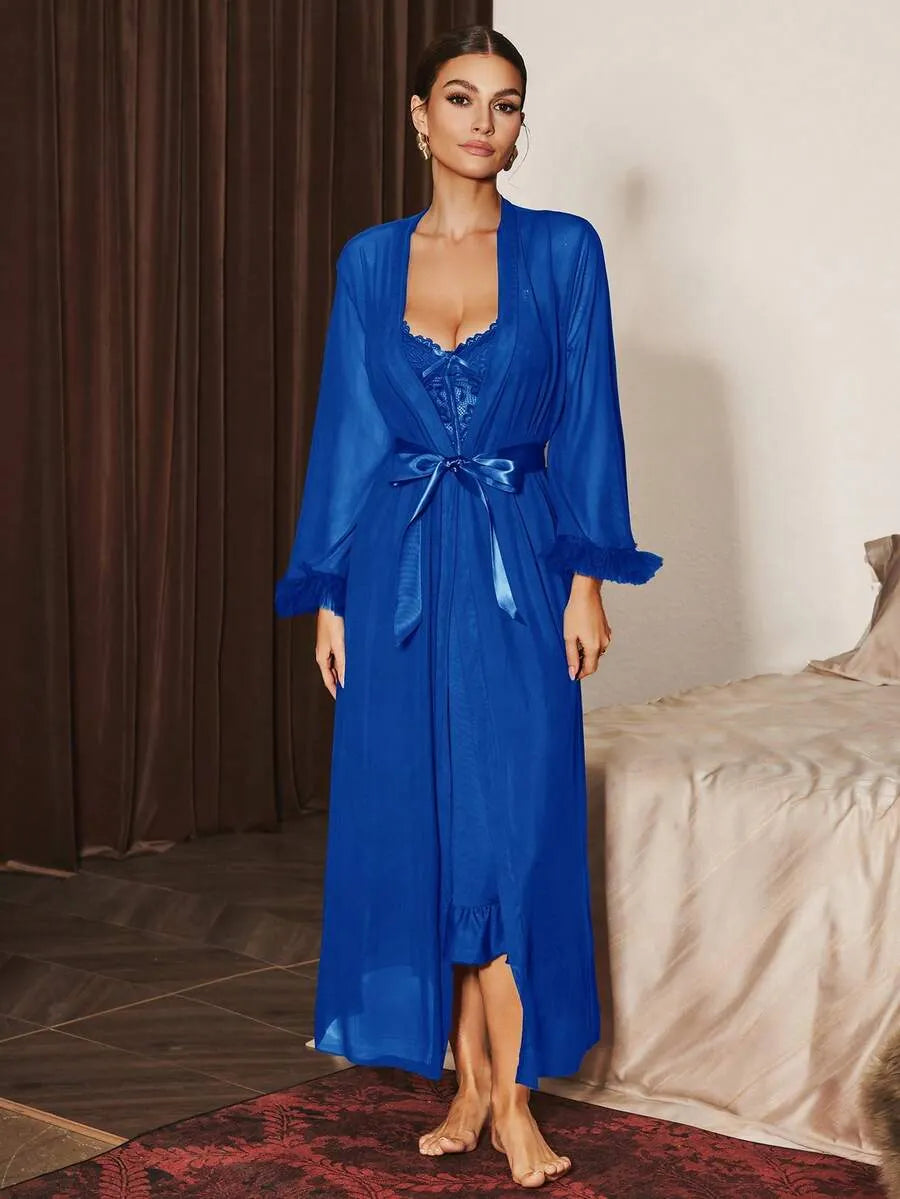 Slumberist 2pcs/Set Fishbone Design Waist Lace Camisole Nightgown + Floral Trim Wide Sleeve Mesh Robe