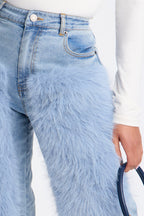Finland Faux Fur Trim Jeans - Light Blue Wash