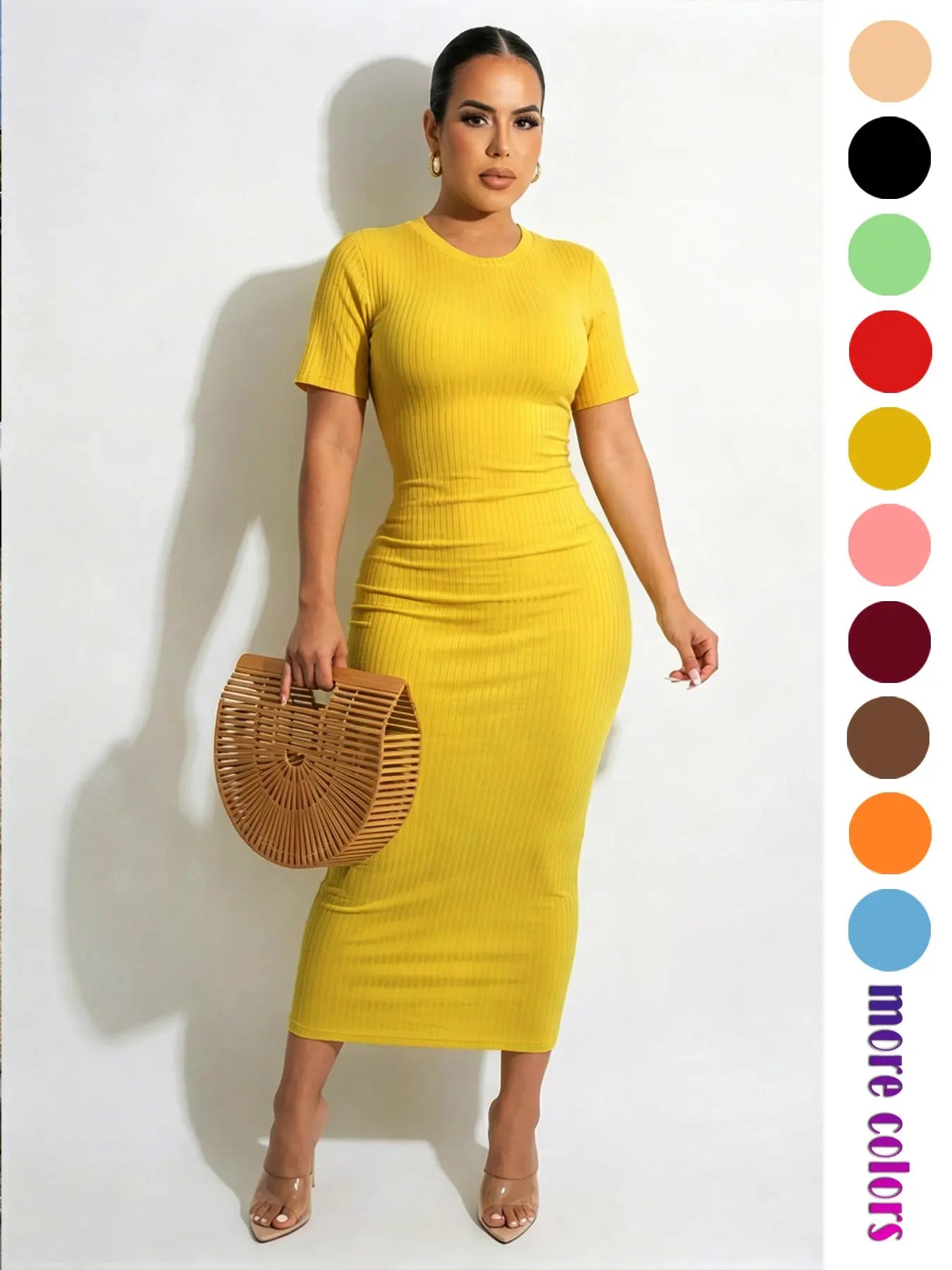 Threaded Elastic Solid Color Bodycon Dress, Breathable Elastic Party Outing Travel Pocket Long Dress, Summer Dress, Everyday Casual Wear, Womenswear