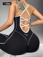 Women's Seamless High Stretch Knit Halter Sporty Jumpsuit Tight Fit Nine-Quarter Pants, Back Cross Shoulder Straps, Outdoor Cycling Gym Yoga Daily Wear