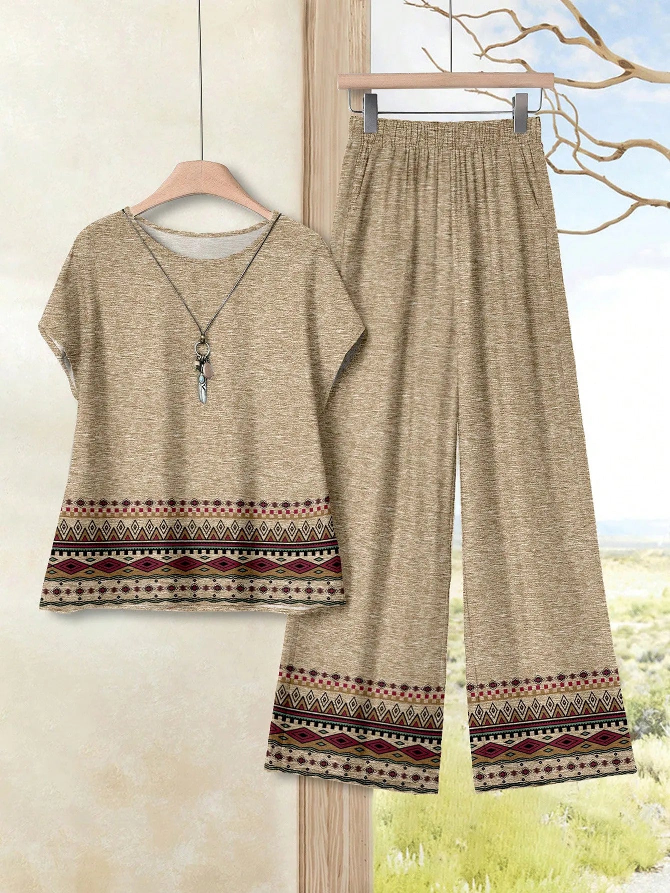 Women's Navy Blue Floral Summer Boho Casual Vacation Holiday 2 Pieces Outfits Plants-Pattern Pants And Round Neck Batwing Sleeve Blouse Woven Set