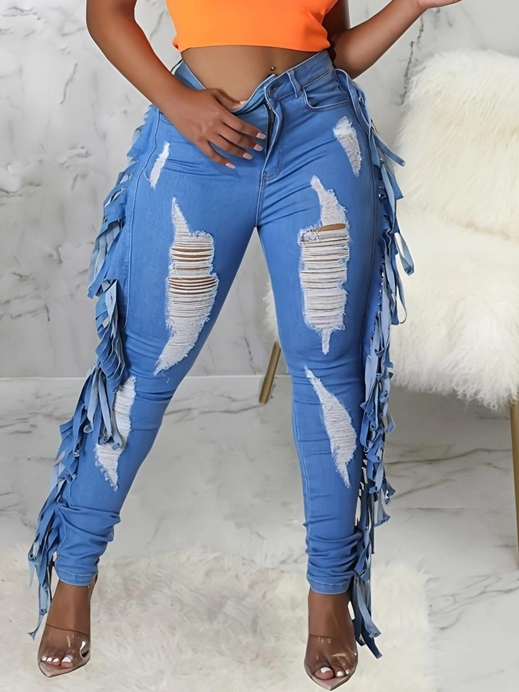 Women's Denim Cut-out Hollow Flow Side Fringe Design Fashionable Trousers
