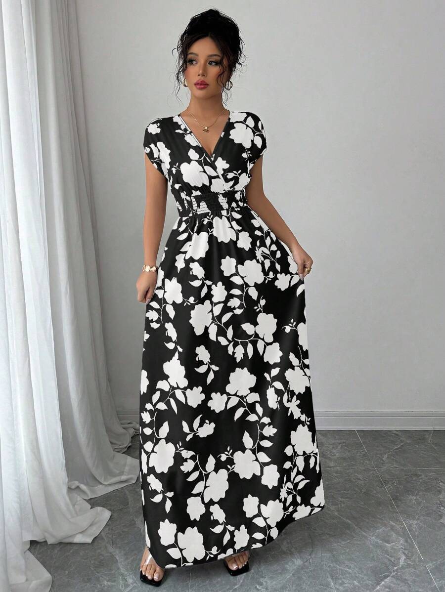 Elenzga Women V-Neck Allover Print Casual Long Dress