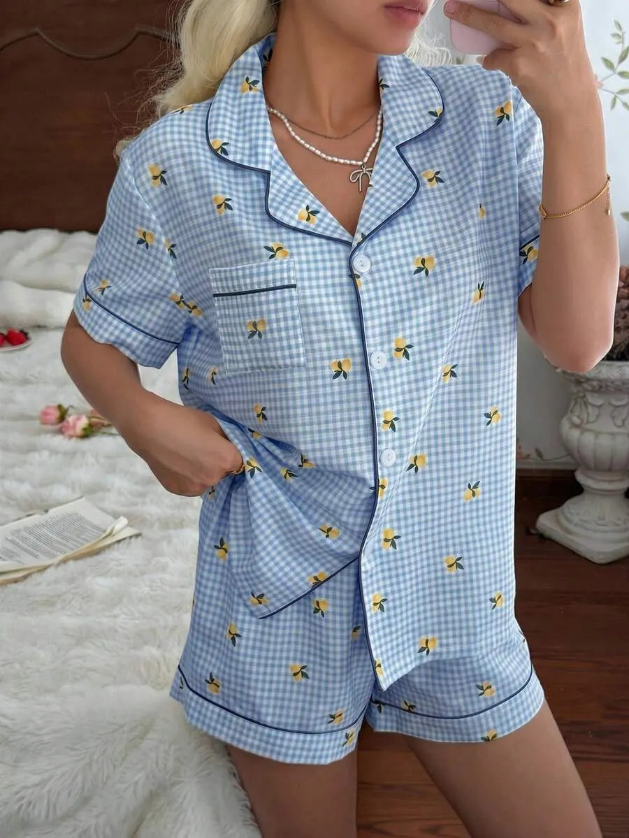 CottageSlumber Women's New Lemon Plaid Print Button-Front Short Sleeve Shorts Pajama Set