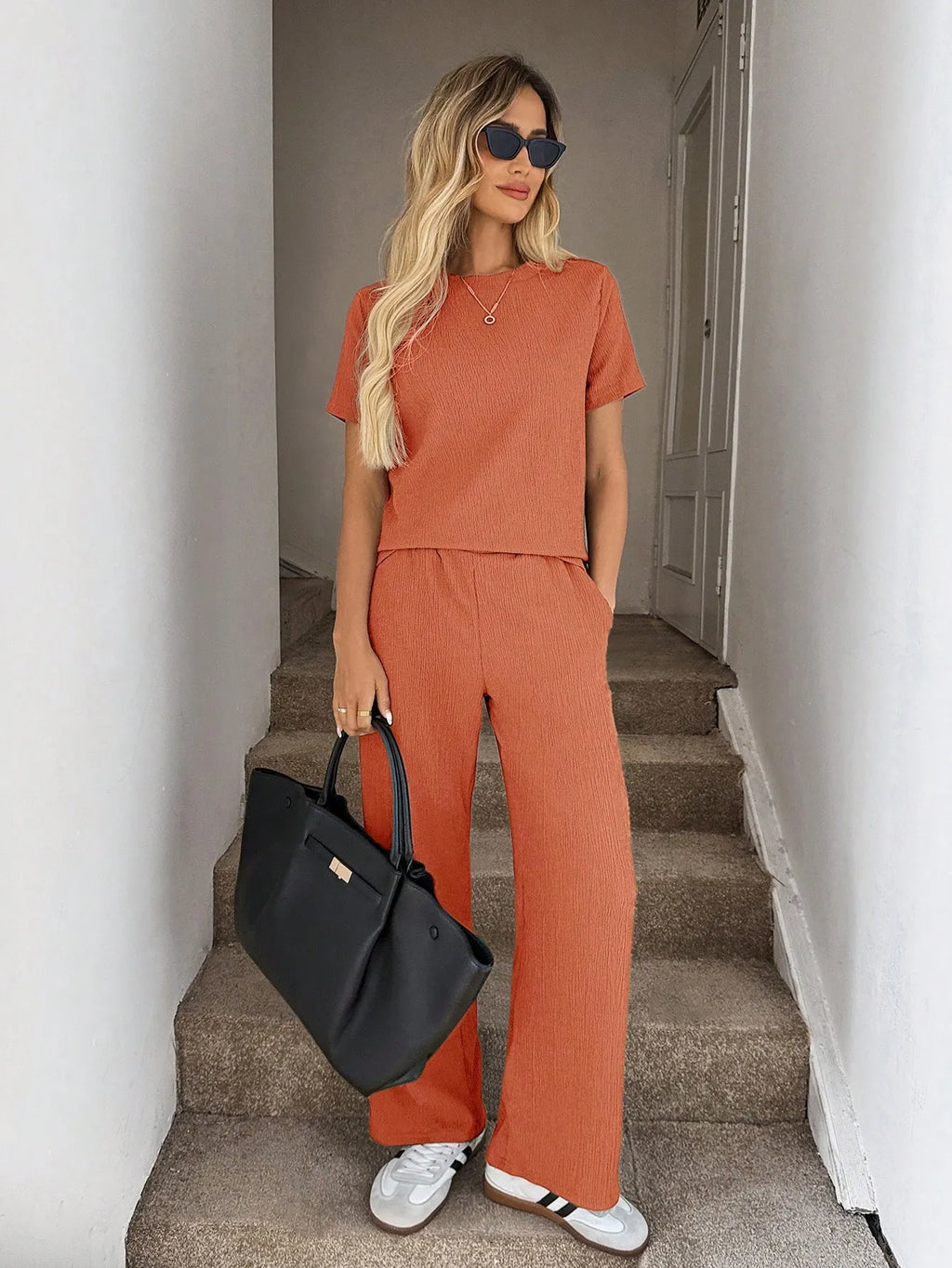 Solid Tee Wide Leg Pants,Casual Travel Coffee Brown Summer