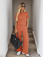 Solid Tee Wide Leg Pants,Casual Travel Coffee Brown Summer