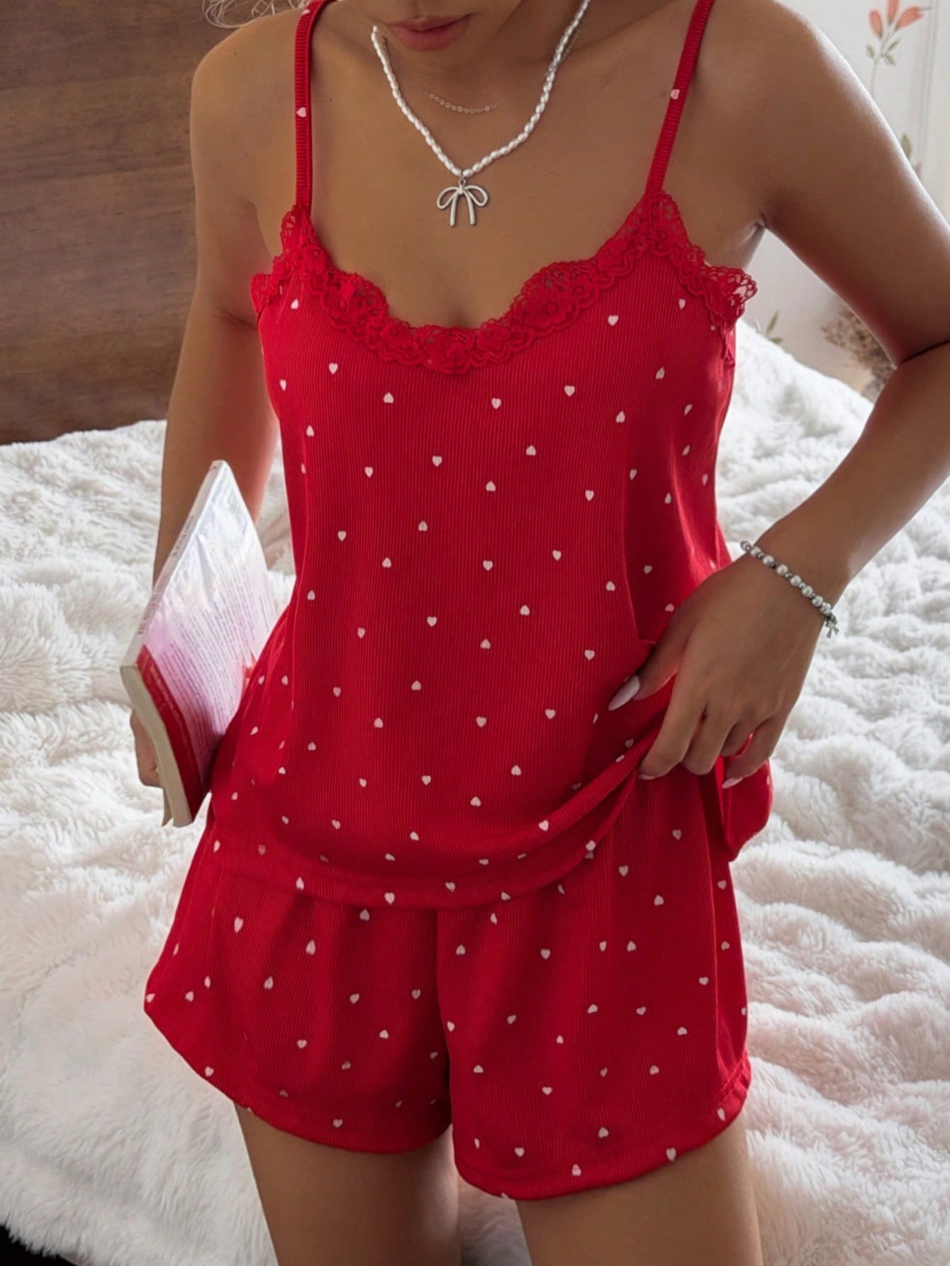 CottageSlumber Knitted Rib Fabric, Heart Print Patchwork With Lace Trim, Romantic Sweet Cute Sexy Camisole Women Summer Sets Outfit Pajamas Polka Dot Short Set PJS