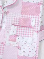 Women's Plaid Floral Bow Print Short Sleeve Shorts Fitted Pajama Set